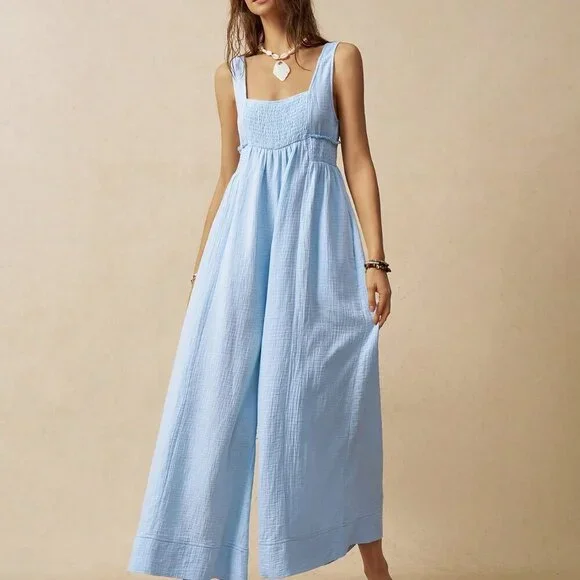 Baby Blue Casual Women's Wide Strap Loose Jumpsuit - Picture 5 of 7
